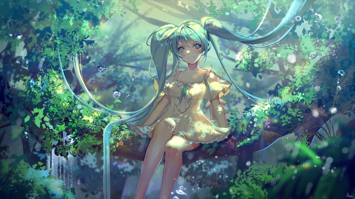 4K Hatsune Miku in a forest with sunlight