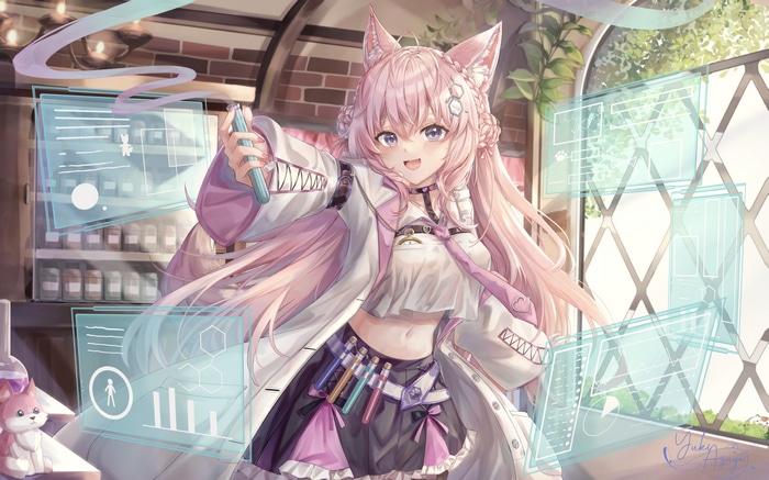 Hakui Koyori in a lab coat with pink hair and cat ears