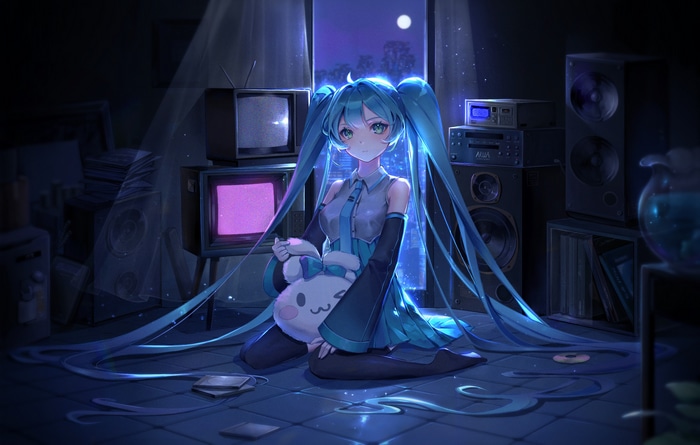 Hatsune Miku with stereos and TVs at night