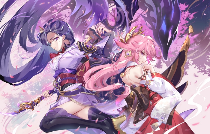 4K Raiden Shogun and Yae Miko with weapon and petals