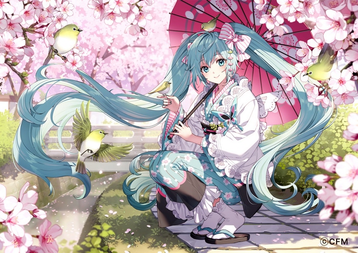 Hatsune Miku in Kimono with Birds and Cherry Blossoms