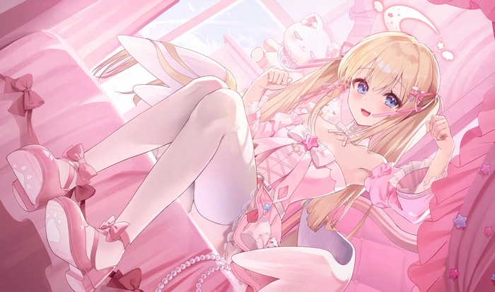 Blonde girl with twintails and wings in a pink dress
