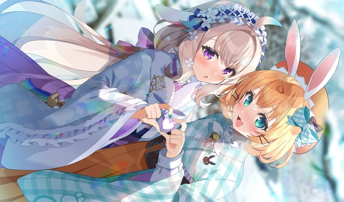 Two anime girls with bunny ears making a heart shape