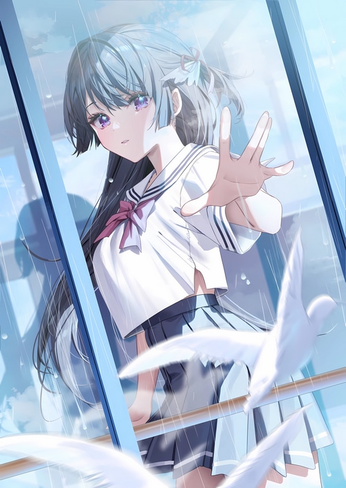 Schoolgirl in uniform reaching out in the rain