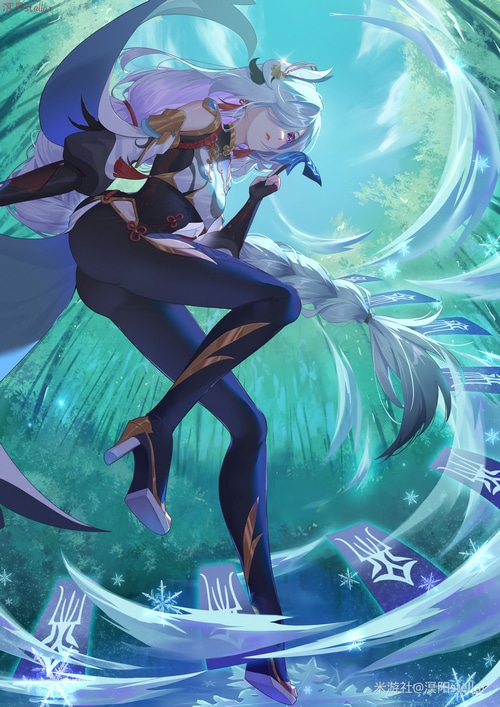 Shenhe from Genshin Impact in a snowy forest