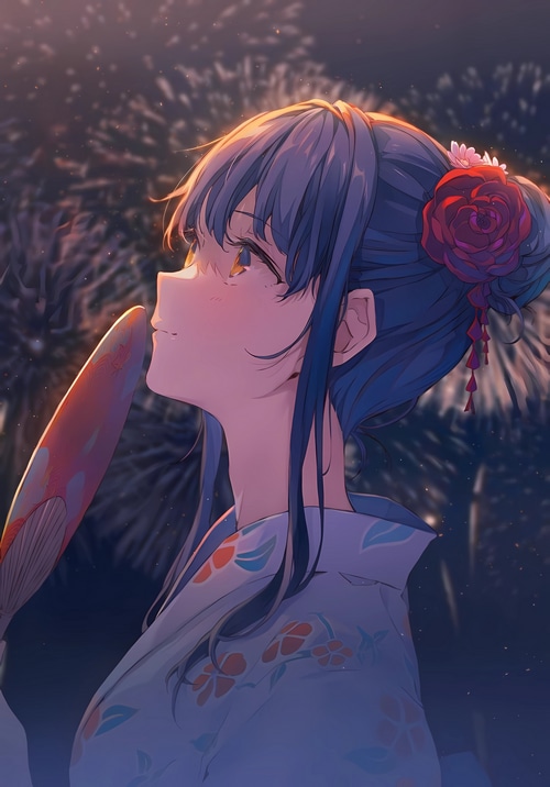 Anime girl in kimono watching fireworks
