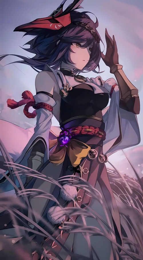 Kujou Sara from Genshin Impact in a field
