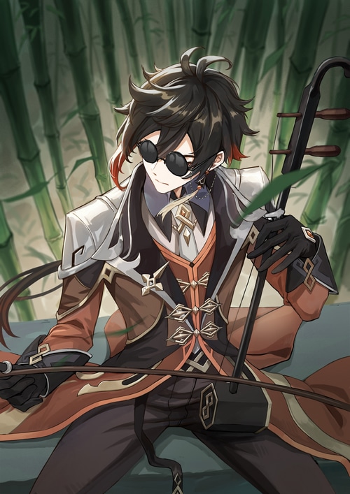 Zhongli playing Erhu with sunglasses