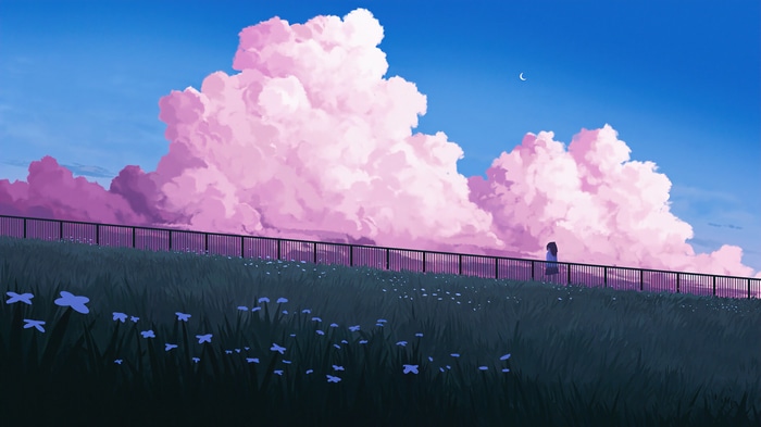 Girl walking by a railing with pink clouds and a crescent moon