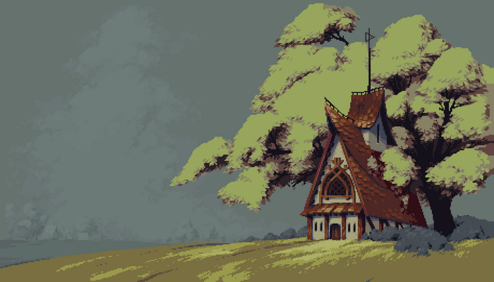 Pixel art of a medieval tree house in a field