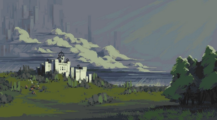 Pixel art castle on a hill with trees and clouds