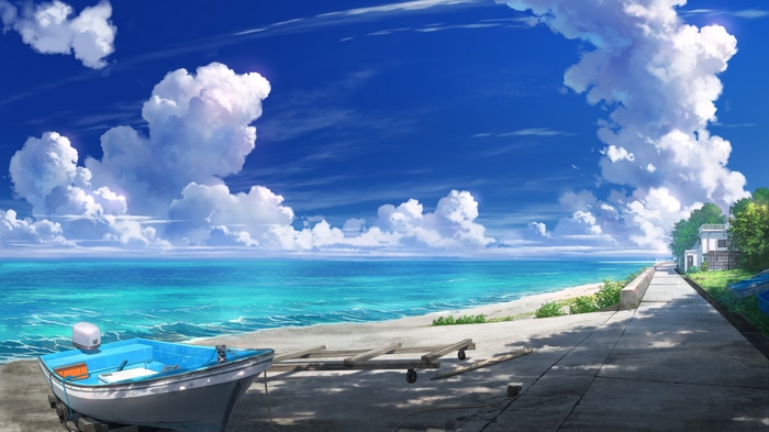 4K anime beach with boat and house