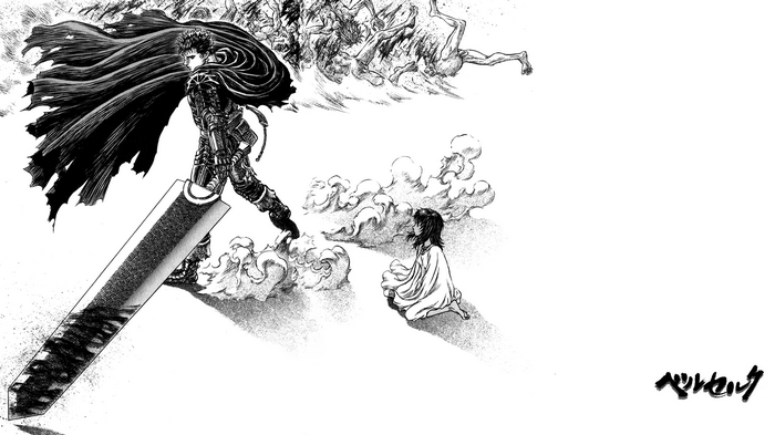 Guts and Casca from Berserk with a horde of demons