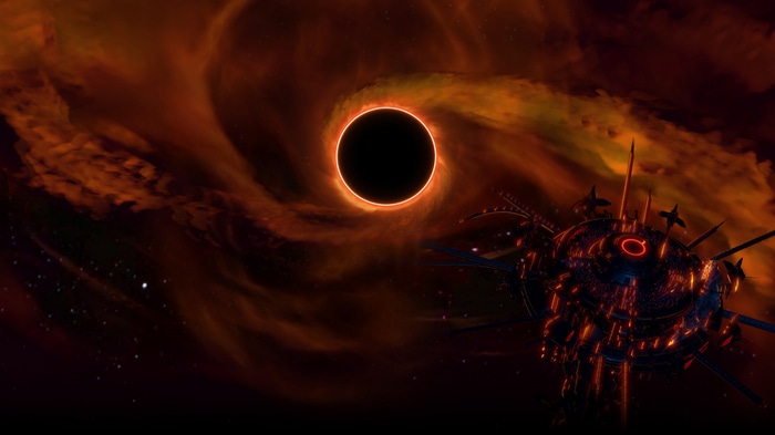Black hole with accretion disk and space station