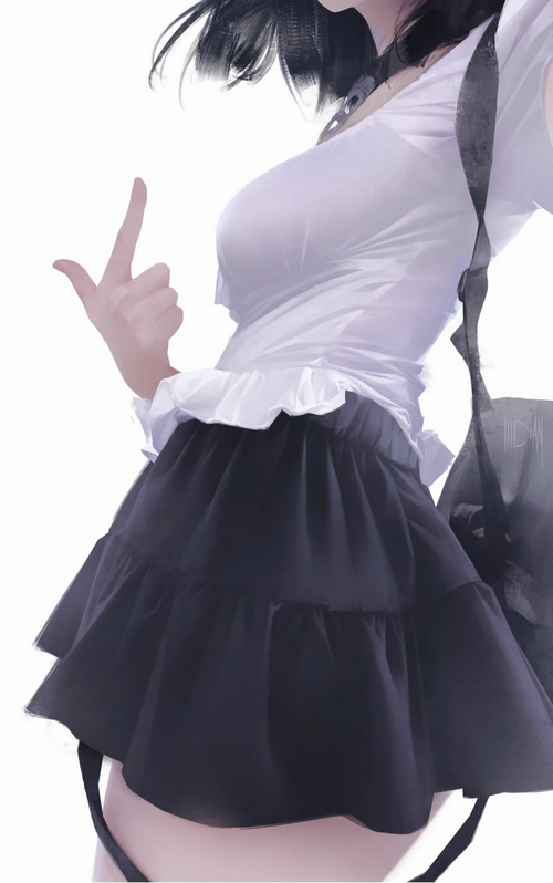 ILLDIAN with dark hair wearing a white shirt and skirt
