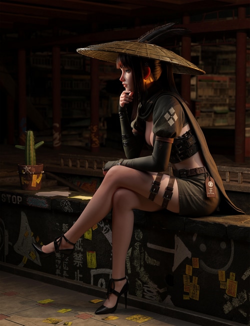 Woman in straw hat with cactus