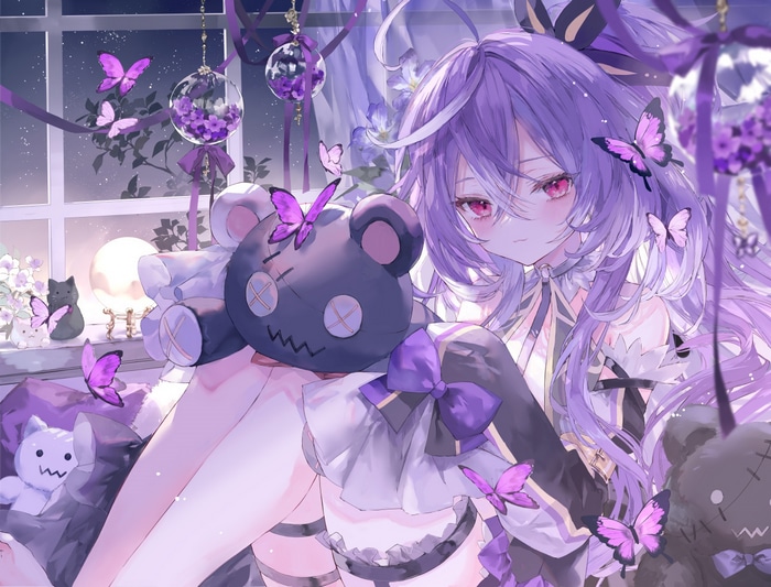 Anime girl with purple hair and butterflies