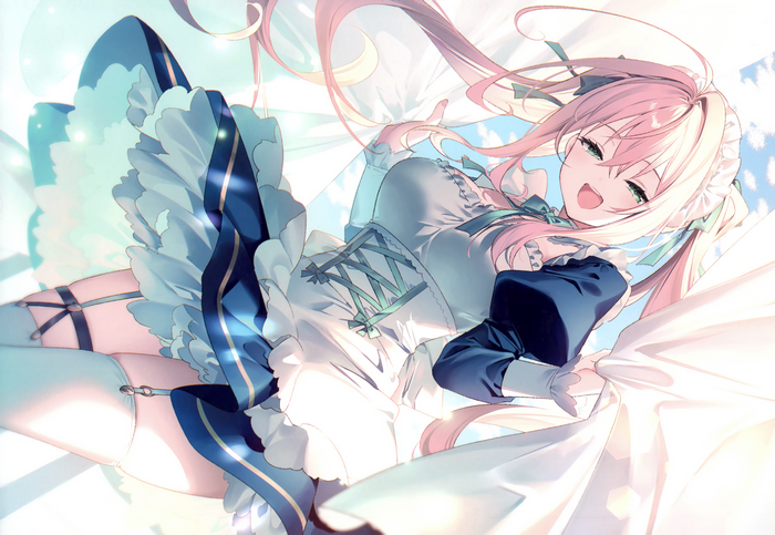 Maid girl with pink twintails in a white dress