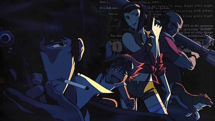 Cowboy Bebop characters with Spike Spiegel and a dog