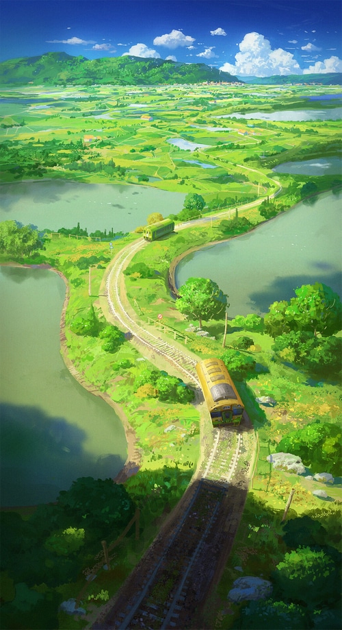 Trains on a railway track through a green landscape with ponds