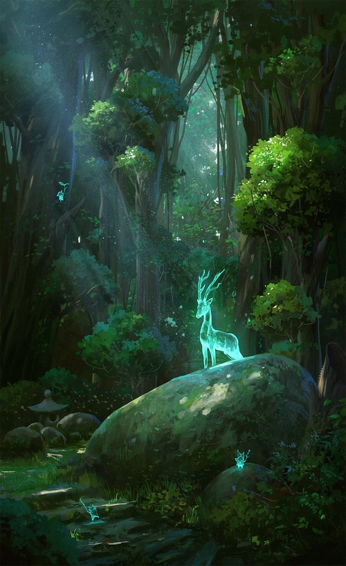 Glowing deer in a mystical forest with fairies