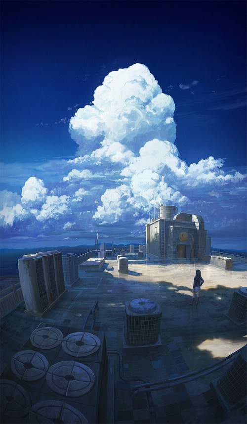 Rooftops with a building and a girl under a cloudy sky
