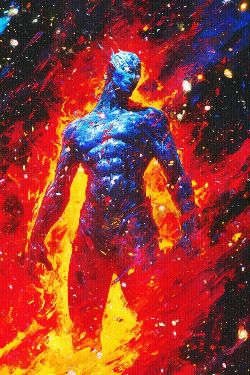 Dr. Manhattan in a fiery cosmic background