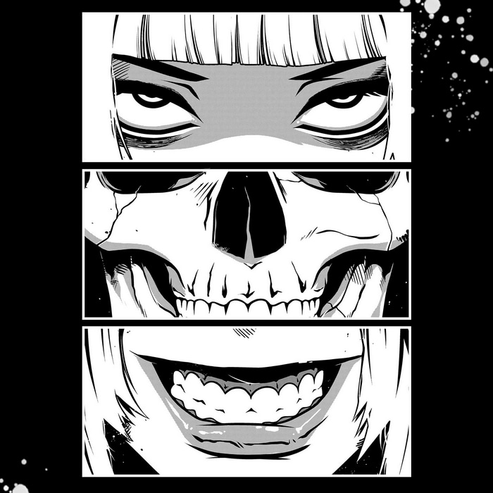 Monochrome comic art of a skull and eyes