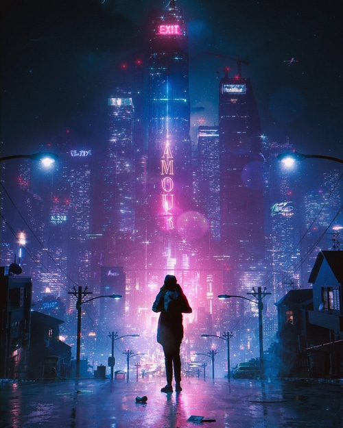Cyberpunk city at night with neon lights