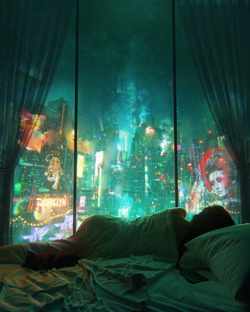Cyberpunk city view from a bed at night