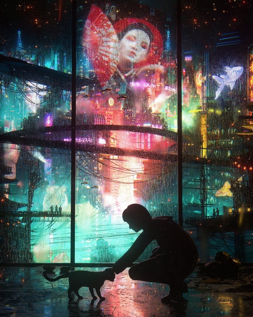 Cyberpunk city with geisha hologram and person with cat