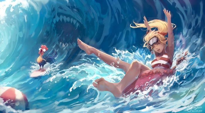 Heihei and girl surfing a giant wave with a shark