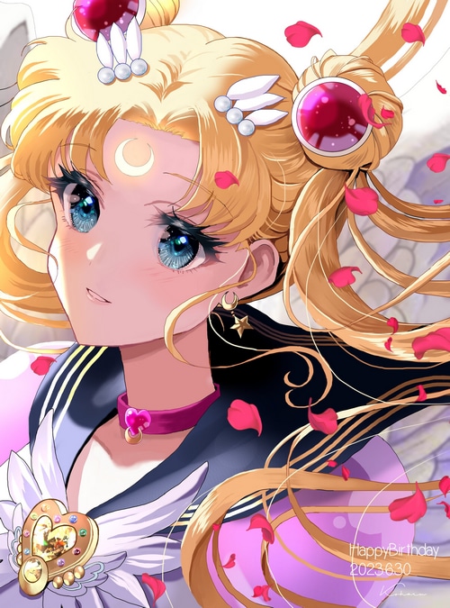 Sailor Moon with Pink Petals and Crescent Moon