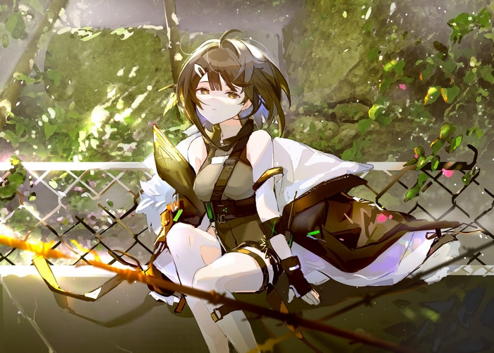 La Pluma from Arknights sitting by a fence