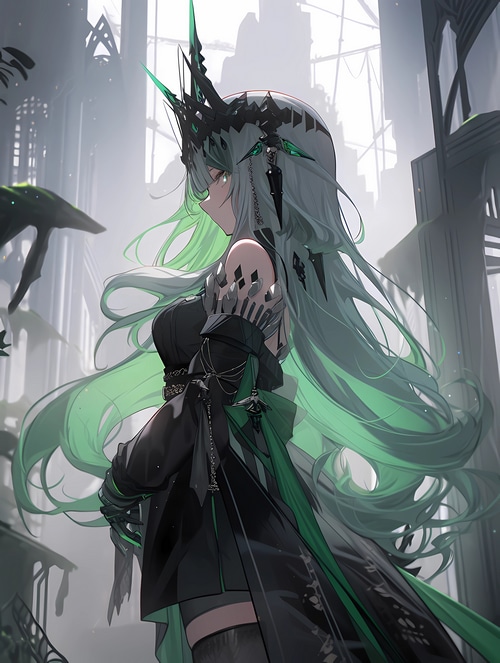 Anime girl with green hair and crown standing