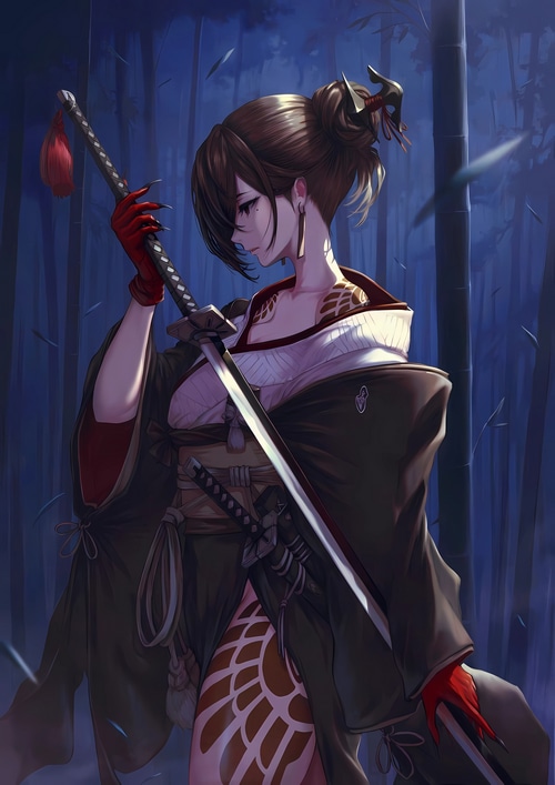 Akeha from NieR Reincarnation with a sword in a bamboo forest