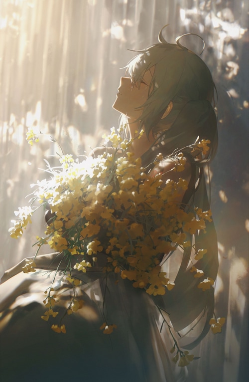 Hatsune Miku holding a bouquet of yellow flowers