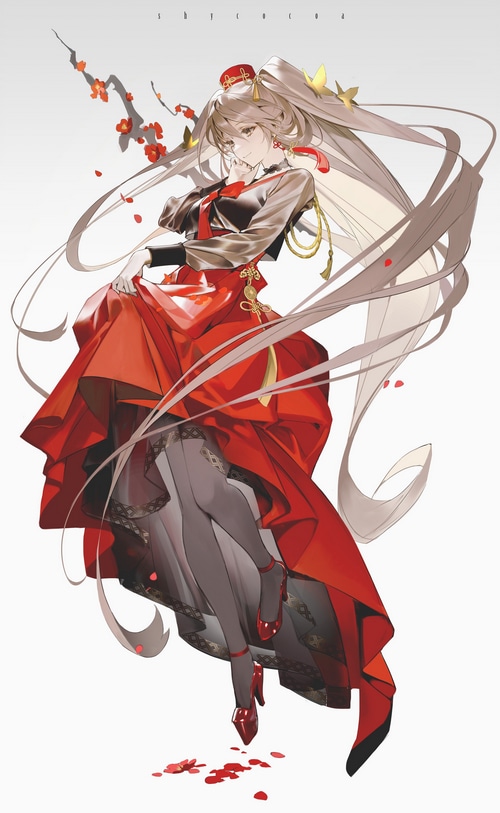 Woman in red dress with long hair and flowers