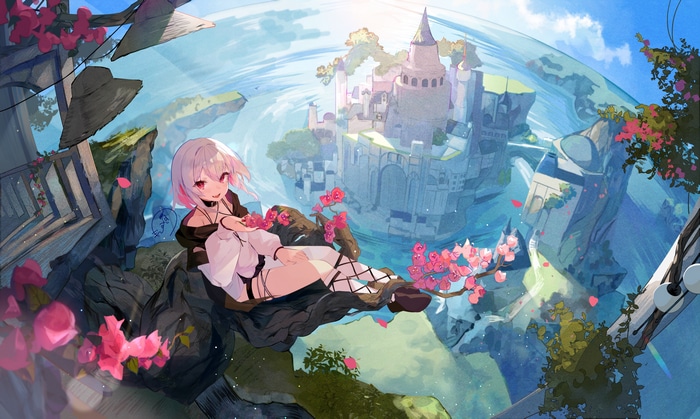 Girl with pink hair and castle in fantasy world