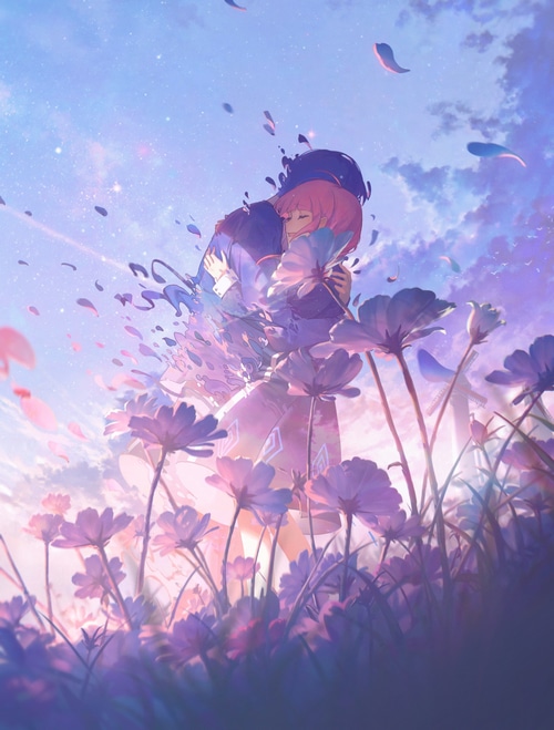 Anime couple hugging amidst flowers and petals
