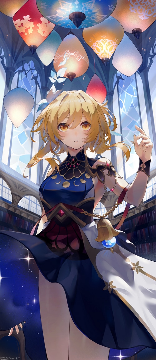 Lumine from Genshin Impact in a library with lanterns