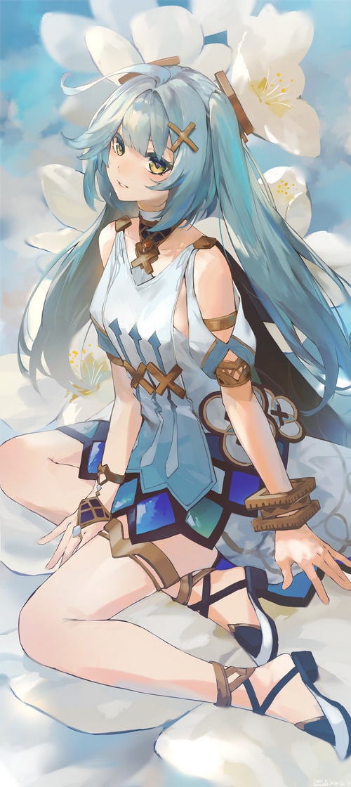 Faruzan with blue hair and yellow eyes surrounded by flowers
