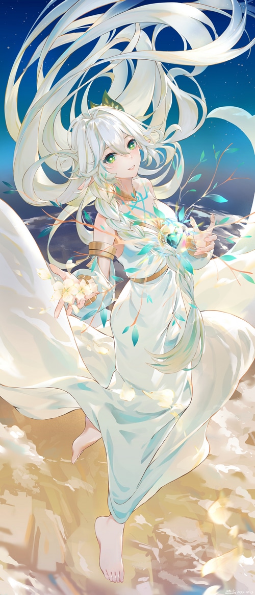 Nahida from Genshin Impact with flowing white hair
