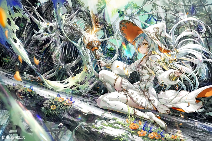 Girl in witch hat with skeleton in forest