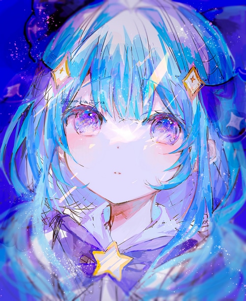 Anime girl with blue hair and multi-colored eyes
