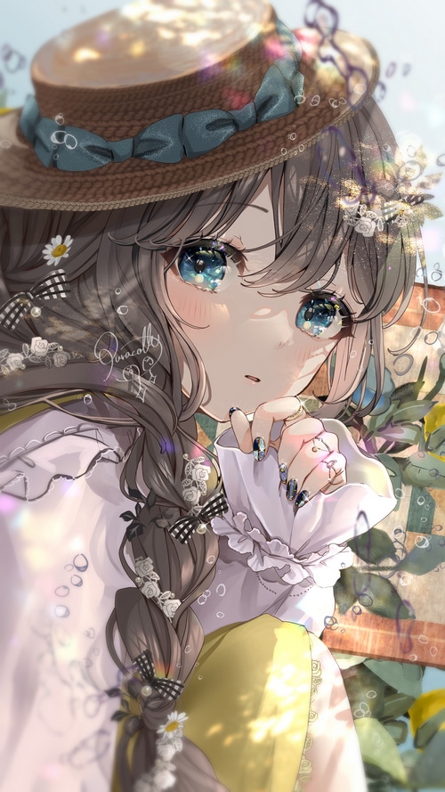 Anime girl with straw hat and flowers