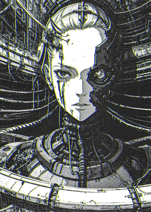 Monochrome portrait of a cyborg with mechanical parts