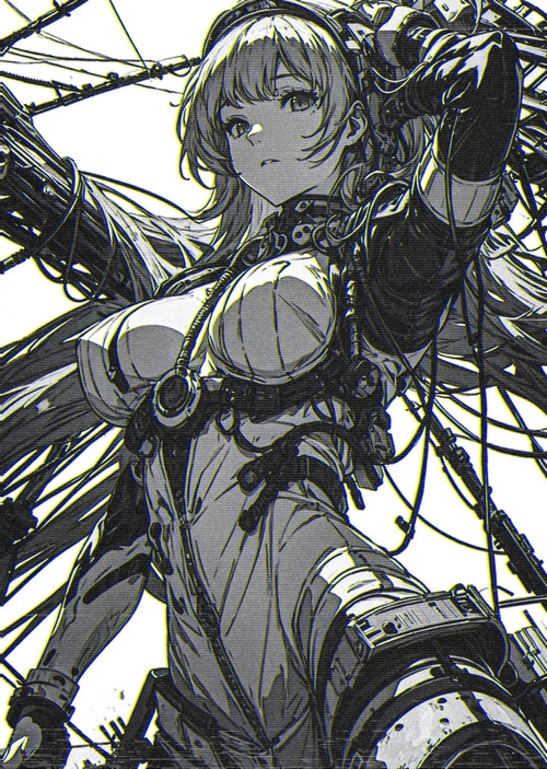Anime cyborg girl with wires and mechanical parts