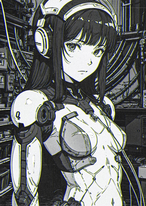Monochrome cyberpunk cyborg girl with headphones