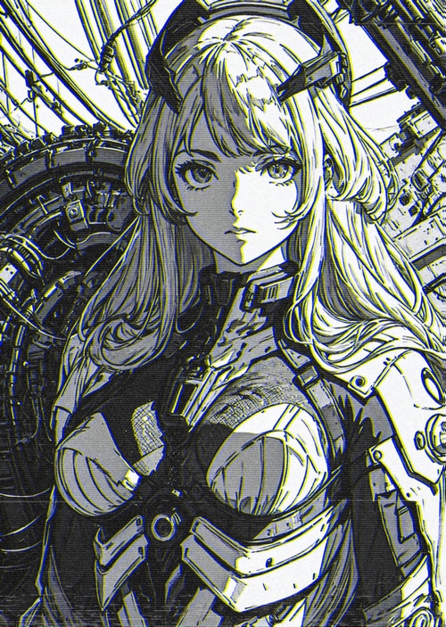 Monochrome Cyborg Girl in Cyberpunk Setting
